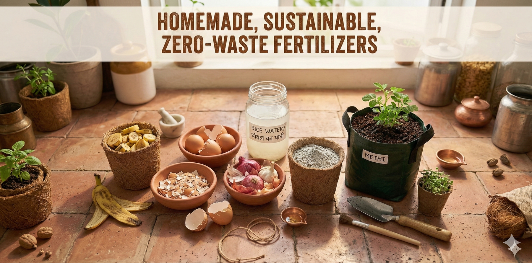Kitchen counter flat lay of DIY organic fertilizer ingredients including banana peels, eggshells, onion skins, rice water, and wood ash beside a healthy potted plant – How to Make Organic Fertilizer at Home by Anandi Greens
