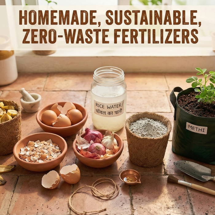 Kitchen counter flat lay of DIY organic fertilizer ingredients including banana peels, eggshells, onion skins, rice water, and wood ash beside a healthy potted plant – How to Make Organic Fertilizer at Home by Anandi Greens