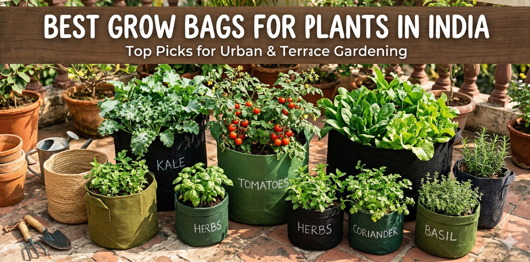 Assorted fabric grow bags filled with tomatoes, herbs, and leafy vegetables on a sunny Indian terrace – Best Grow Bags for Plants by Anandi Greens