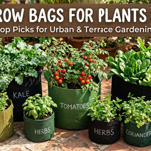 Assorted fabric grow bags filled with tomatoes, herbs, and leafy vegetables on a sunny Indian terrace – Best Grow Bags for Plants by Anandi Greens