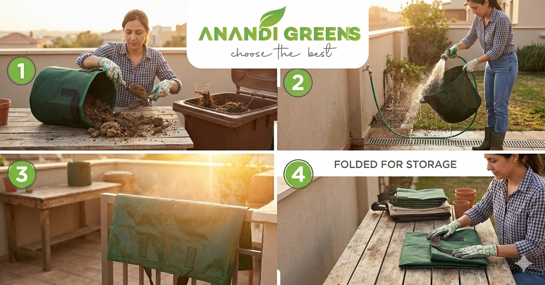 Gardener cleaning and drying Anandi Greens fabric grow bags for reuse in next planting season