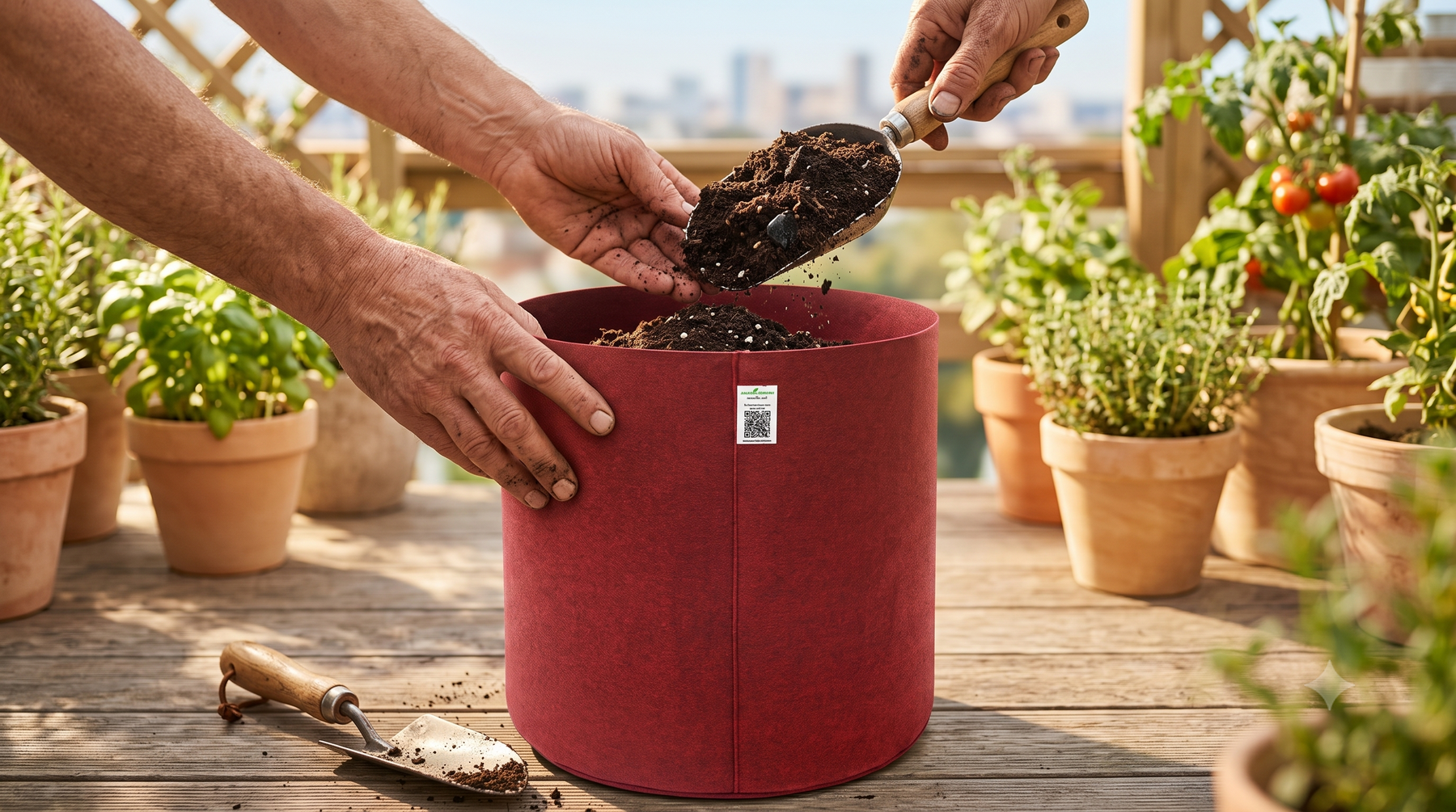 A gardener filling a fabric grow bag with layered soil and compost on a terrace before planting
