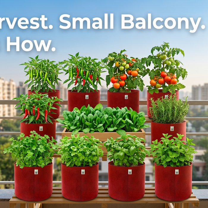 Grow bags balcony garden setup India — compact terrace gardening guide with geo fabric bags — Anandi Greens
