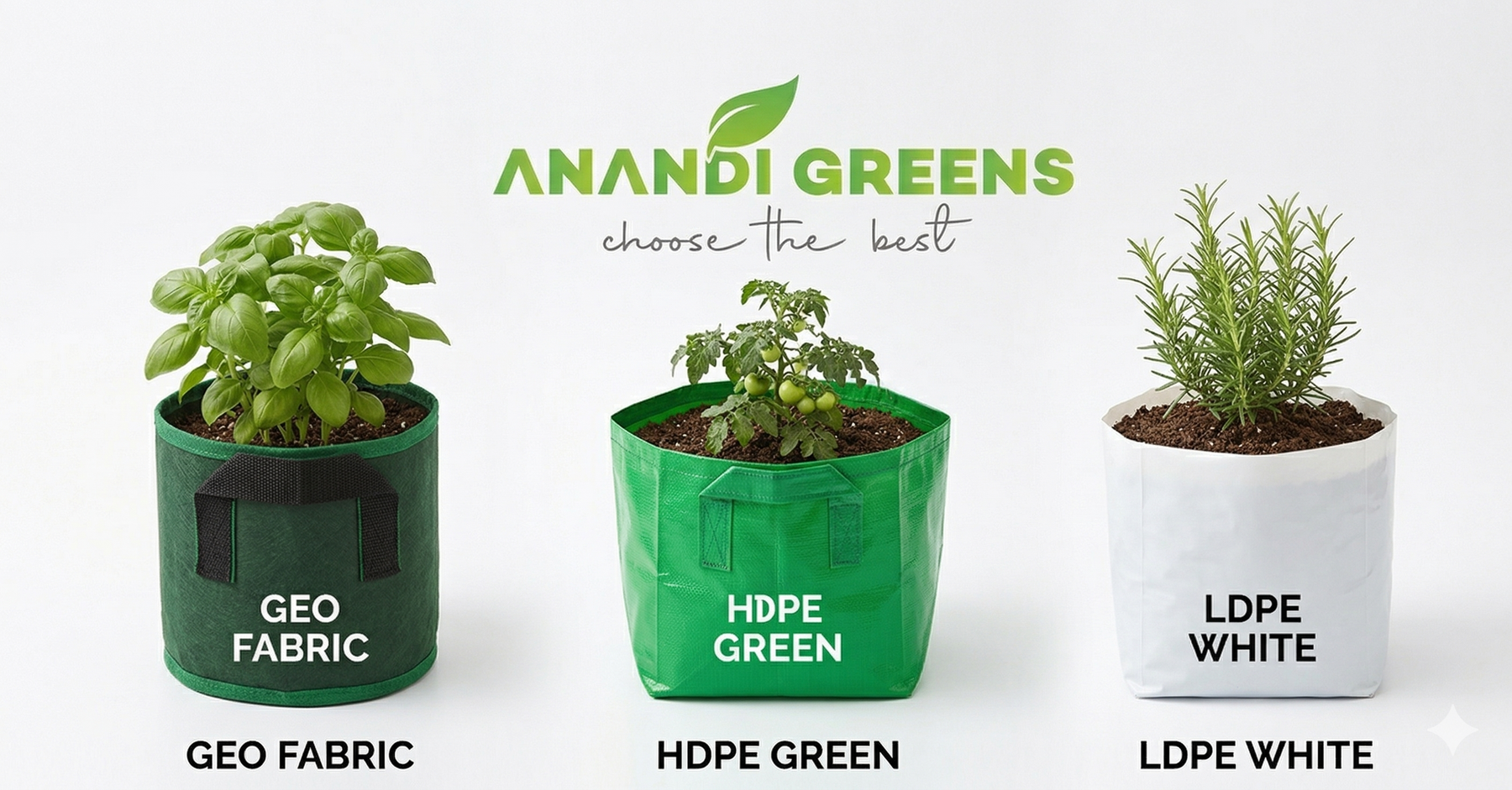 Comparison of geo fabric, HDPE, and LDPE grow bags from Anandi Greens — three types of grow bag materials side by side