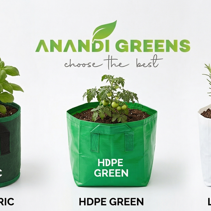 Comparison of geo fabric, HDPE, and LDPE grow bags from Anandi Greens — three types of grow bag materials side by side