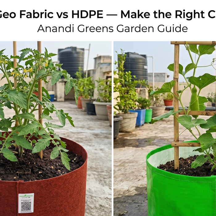 Geo fabric vs HDPE grow bags comparison for Indian terrace garden — Anandi Greens