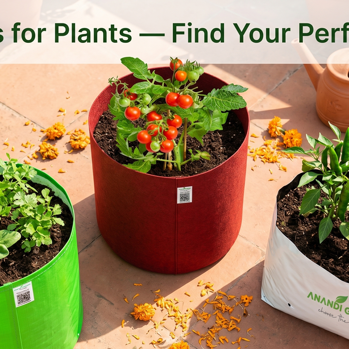 Three types of grow bags for plants — geo fabric, HDPE and LDPE — on an Indian terrace garden by Anandi Greens