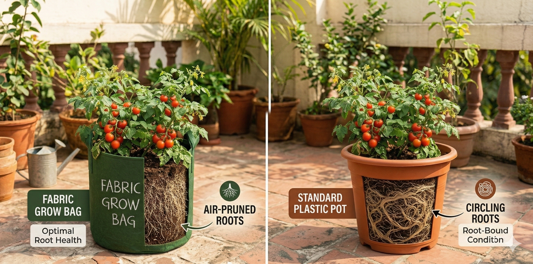 Side-by-side comparison of a plant thriving in a fabric grow bag versus a root-bound plant in a plastic pot – Fabric Grow Bags vs Plastic Pots by Anandi Greens