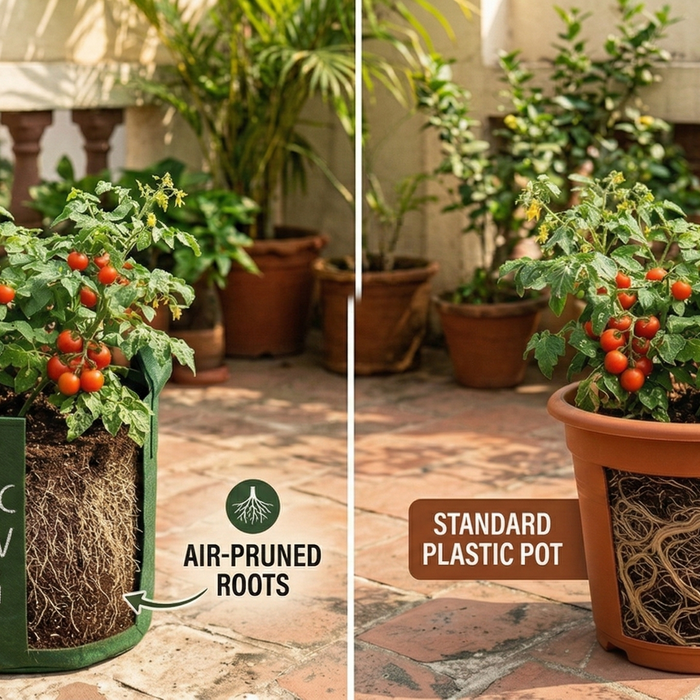 Side-by-side comparison of a plant thriving in a fabric grow bag versus a root-bound plant in a plastic pot – Fabric Grow Bags vs Plastic Pots by Anandi Greens