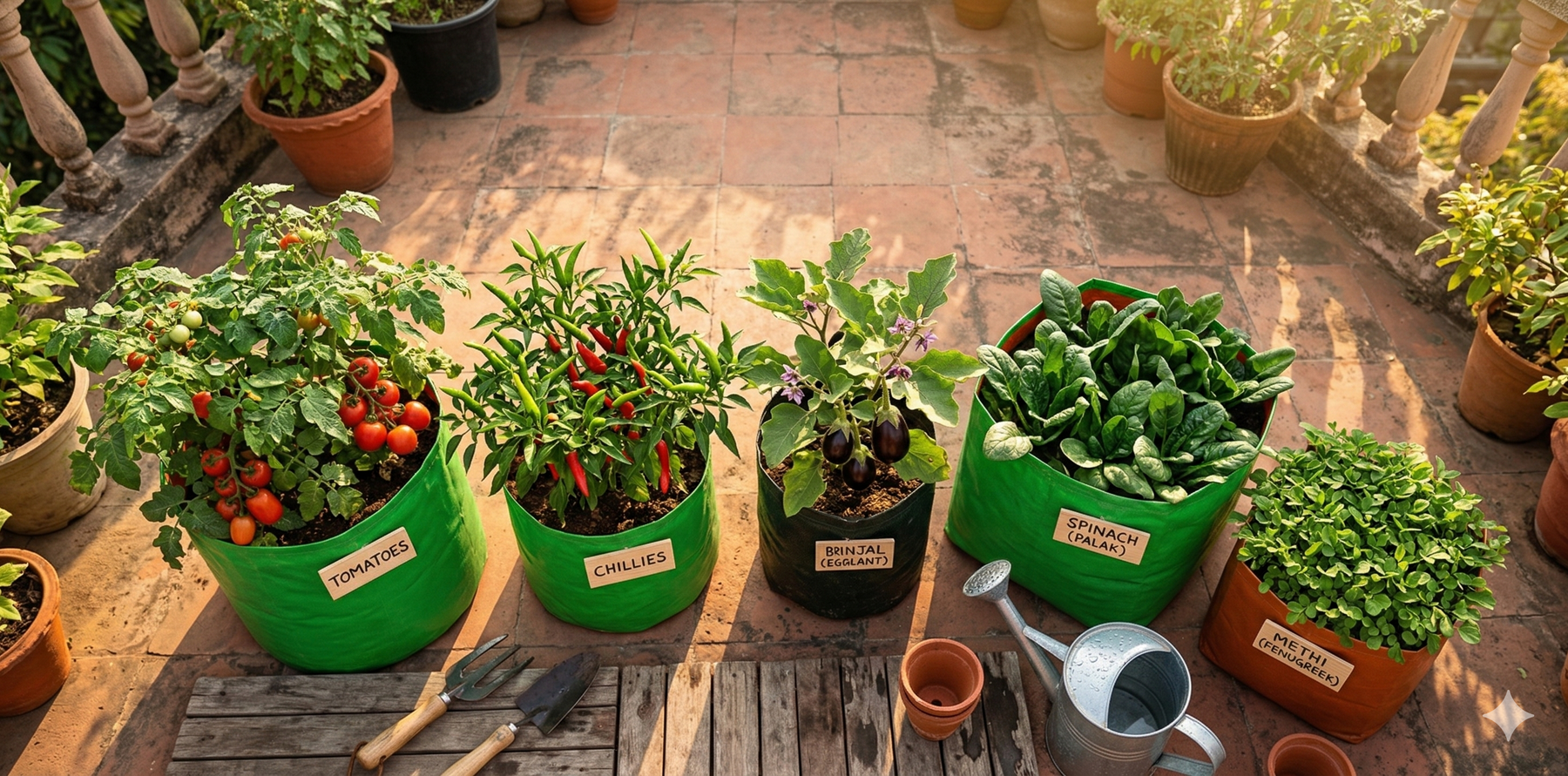 Overhead view of fabric grow bags on a sunlit terrace growing tomatoes, chillies, brinjal, spinach and methi – Best Vegetables to Grow in Grow Bags in India by Anandi Greens