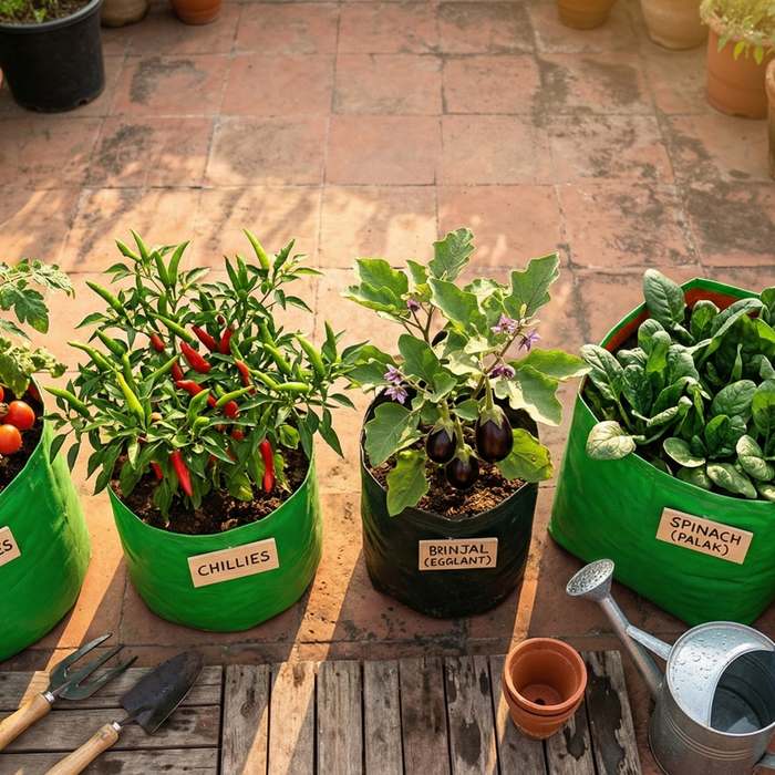 Overhead view of fabric grow bags on a sunlit terrace growing tomatoes, chillies, brinjal, spinach and methi – Best Vegetables to Grow in Grow Bags in India by Anandi Greens
