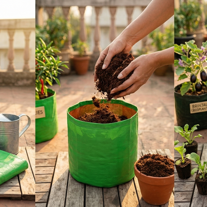Hands filling a fabric grow bag with cocopeat potting mix on a sunny apartment balcony surrounded by seedlings and garden tools – How to Set Up a Balcony Grow Bag Garden by Anandi Greens