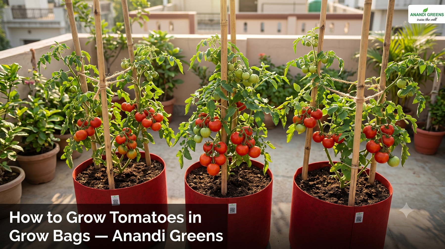 Ripe red tomatoes growing in geo fabric grow bags on an Indian terrace garden — Anandi Greens