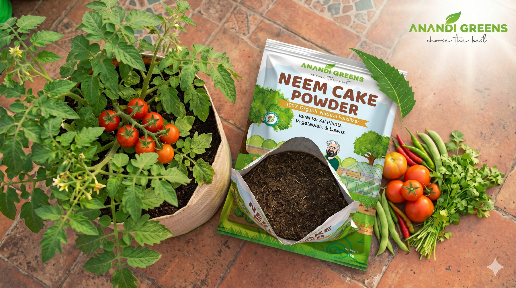  Anandi Greens neem cake fertilizer bag with fresh terrace vegetables — complete guide to neem khali for Indian grow bag gardens
