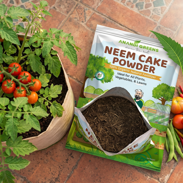  Anandi Greens neem cake fertilizer bag with fresh terrace vegetables — complete guide to neem khali for Indian grow bag gardens
