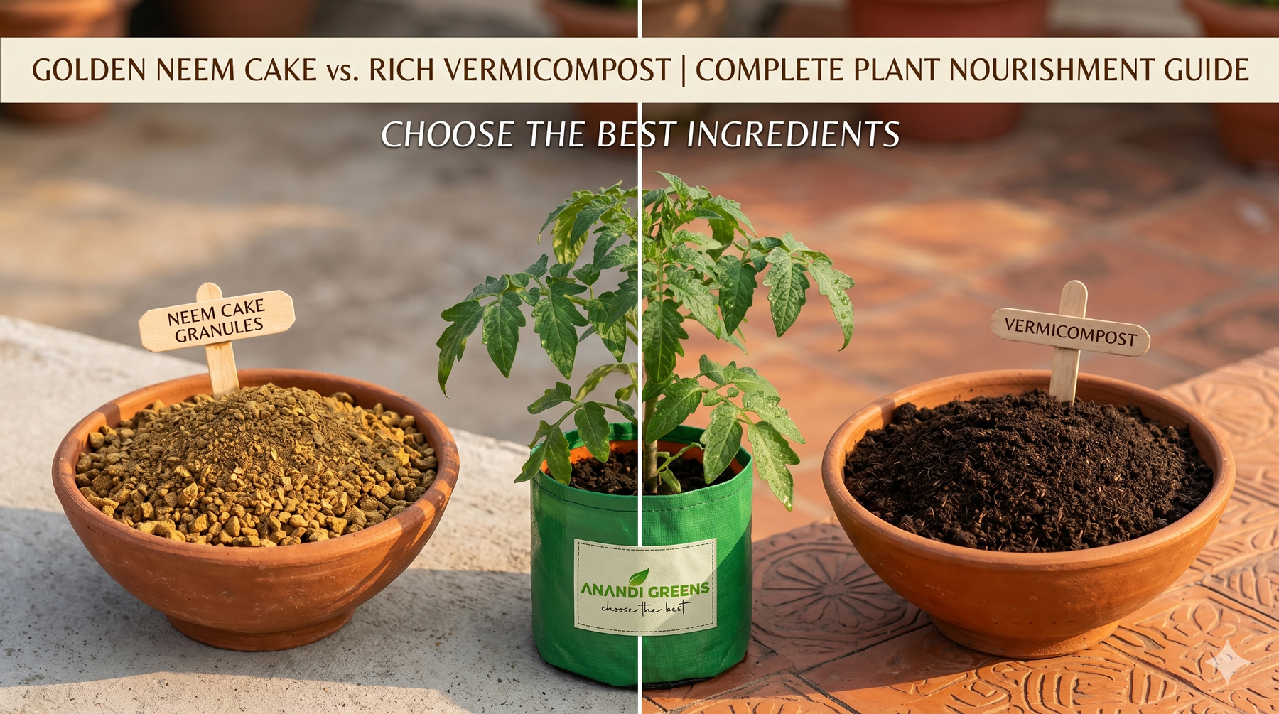 Neem cake vs vermicompost comparison for terrace garden grow bags — Anandi Greens organic fertilizer guide