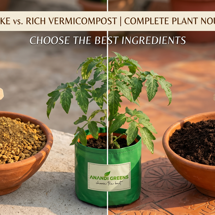Neem cake vs vermicompost comparison for terrace garden grow bags — Anandi Greens organic fertilizer guide