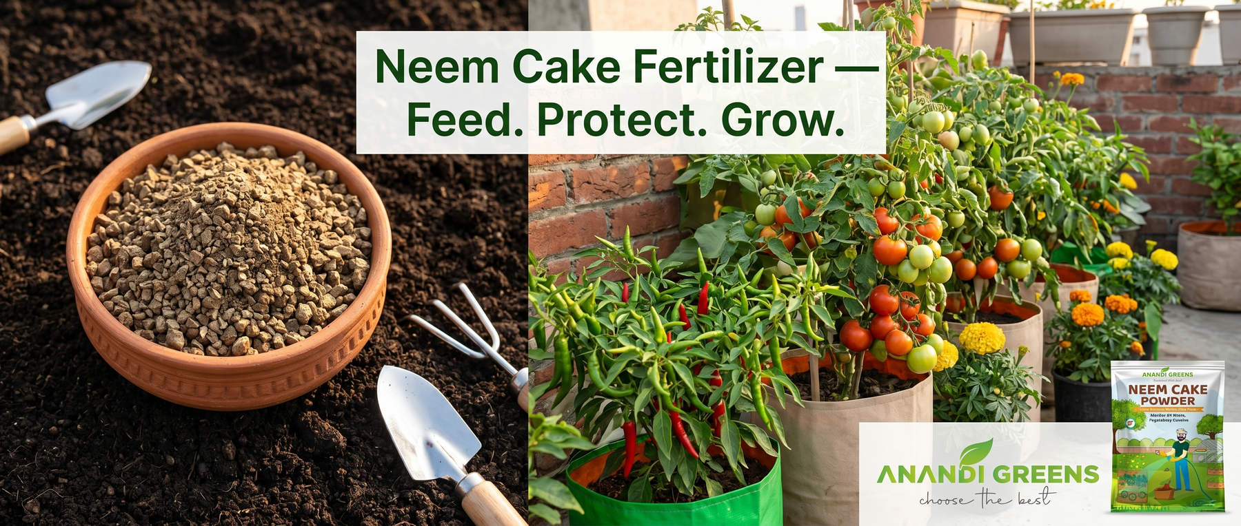 Neem cake fertilizer granules in a bowl next to thriving terrace garden grow bags — Anandi Greens organic fertilizer India
