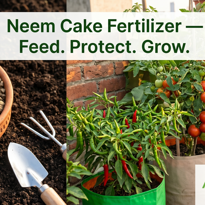 Neem cake fertilizer granules in a bowl next to thriving terrace garden grow bags — Anandi Greens organic fertilizer India