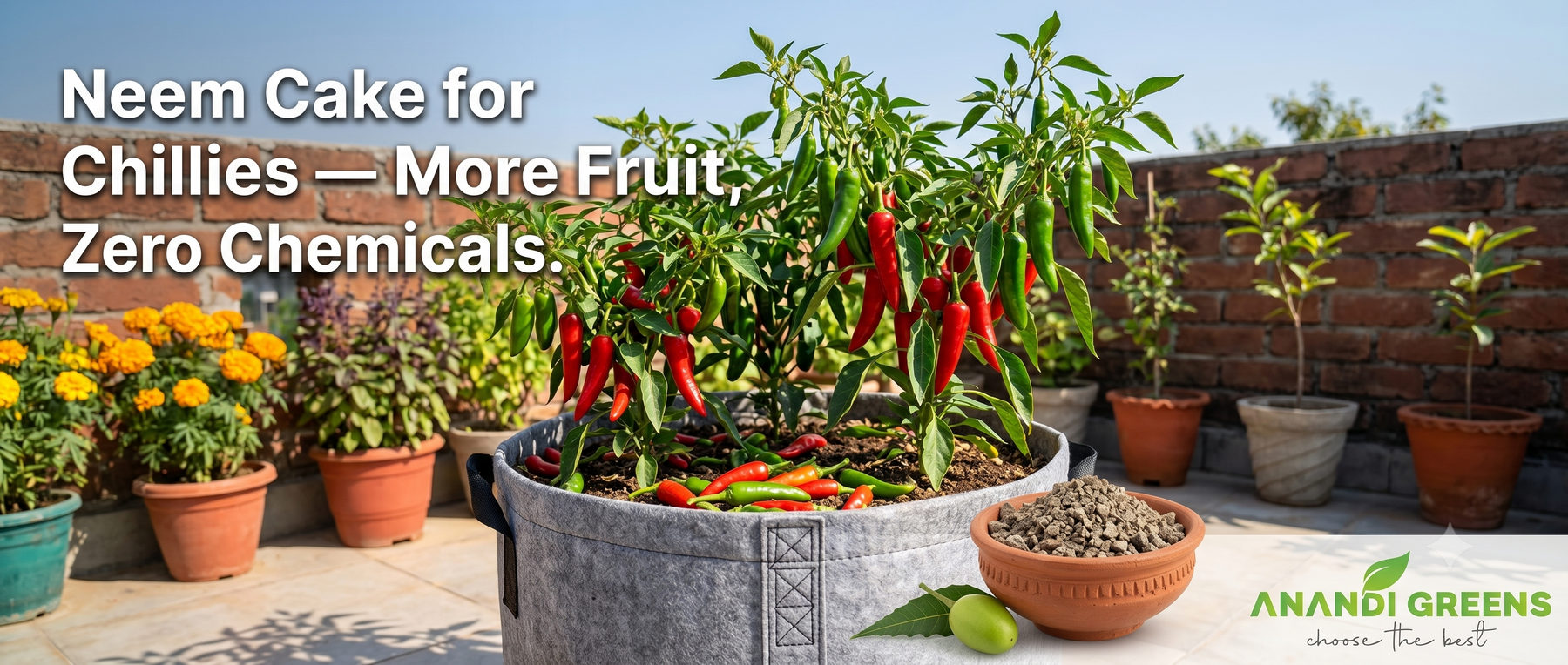 Chillies growing in grow bags with neem cake fertilizer on an Indian terrace — Anandi Greens organic gardening