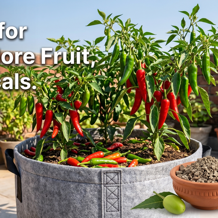 Chillies growing in grow bags with neem cake fertilizer on an Indian terrace — Anandi Greens organic gardening