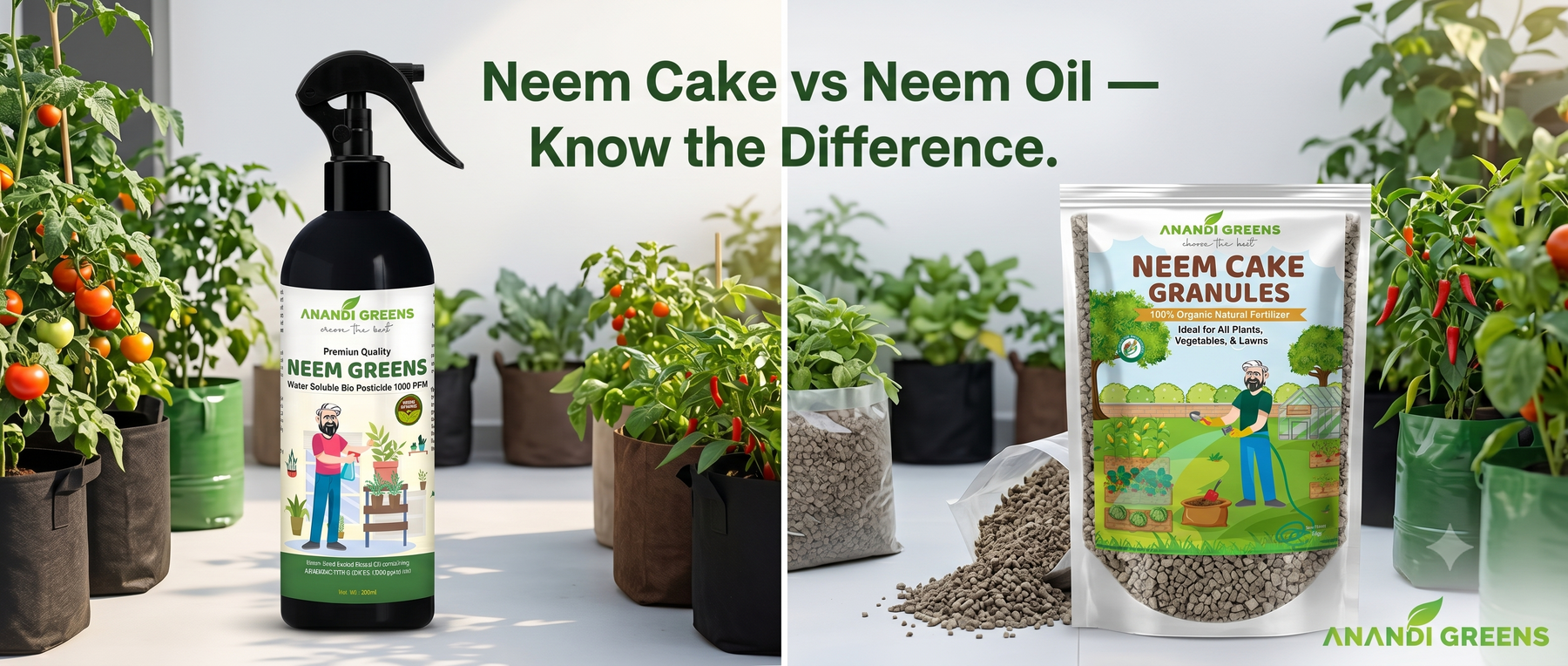 Neem cake fertilizer vs neem oil comparison for Indian terrace garden grow bags — Anandi Greens