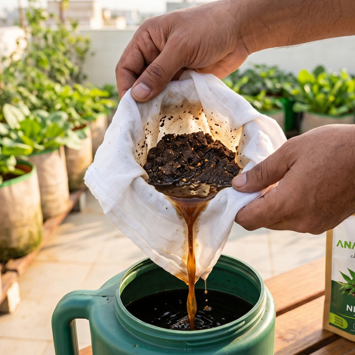  Making neem cake tea at home for terrace garden grow bags — DIY liquid neem fertilizer recipe from Anandi Greens