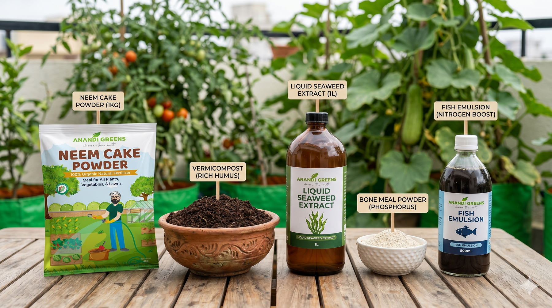 Best organic fertilizers for Indian vegetable gardens — neem cake, vermicompost, seaweed, bone meal, and fish emulsion from Anandi Greens