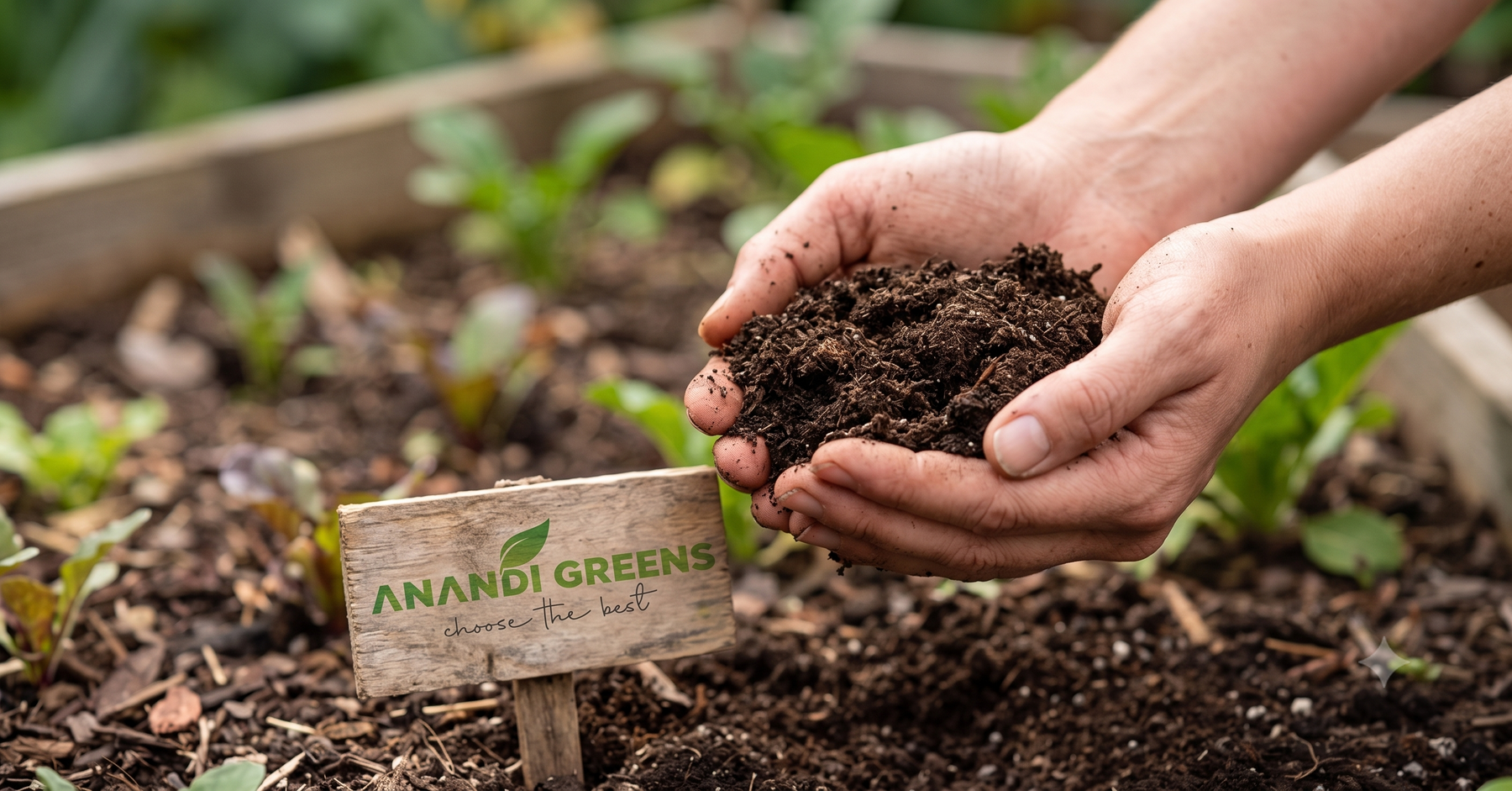 Organic fertilizer held in hands over garden soil for plant feeding guide