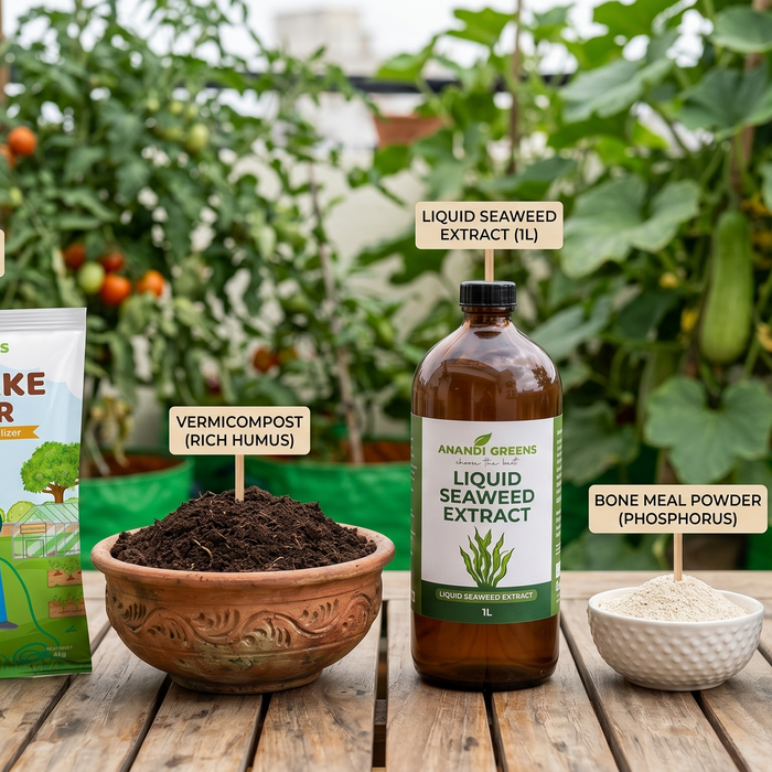 Best organic fertilizers for Indian vegetable gardens — neem cake, vermicompost, seaweed, bone meal, and fish emulsion from Anandi Greens