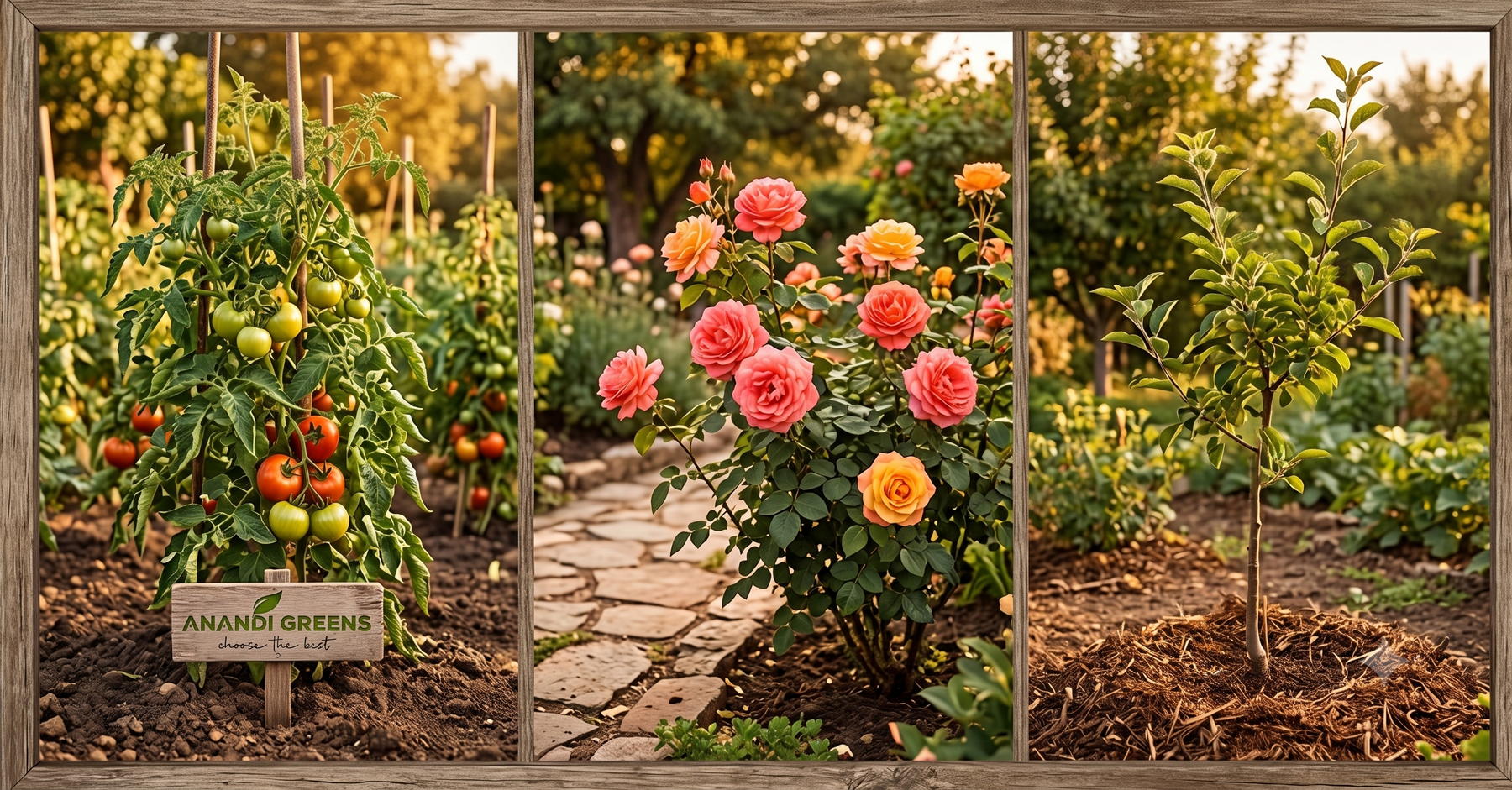 Tomato rose and fruit tree plants shown for organic fertilizer dosage guide