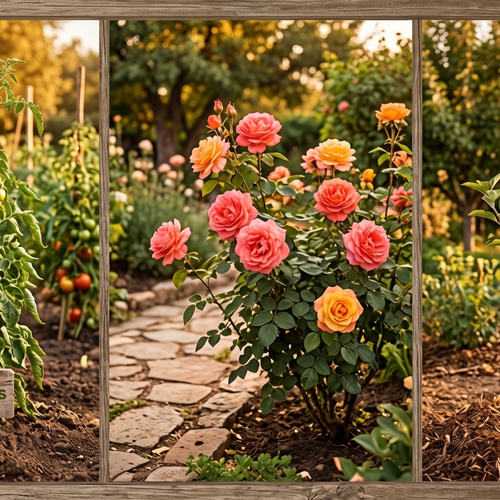 Tomato rose and fruit tree plants shown for organic fertilizer dosage guide