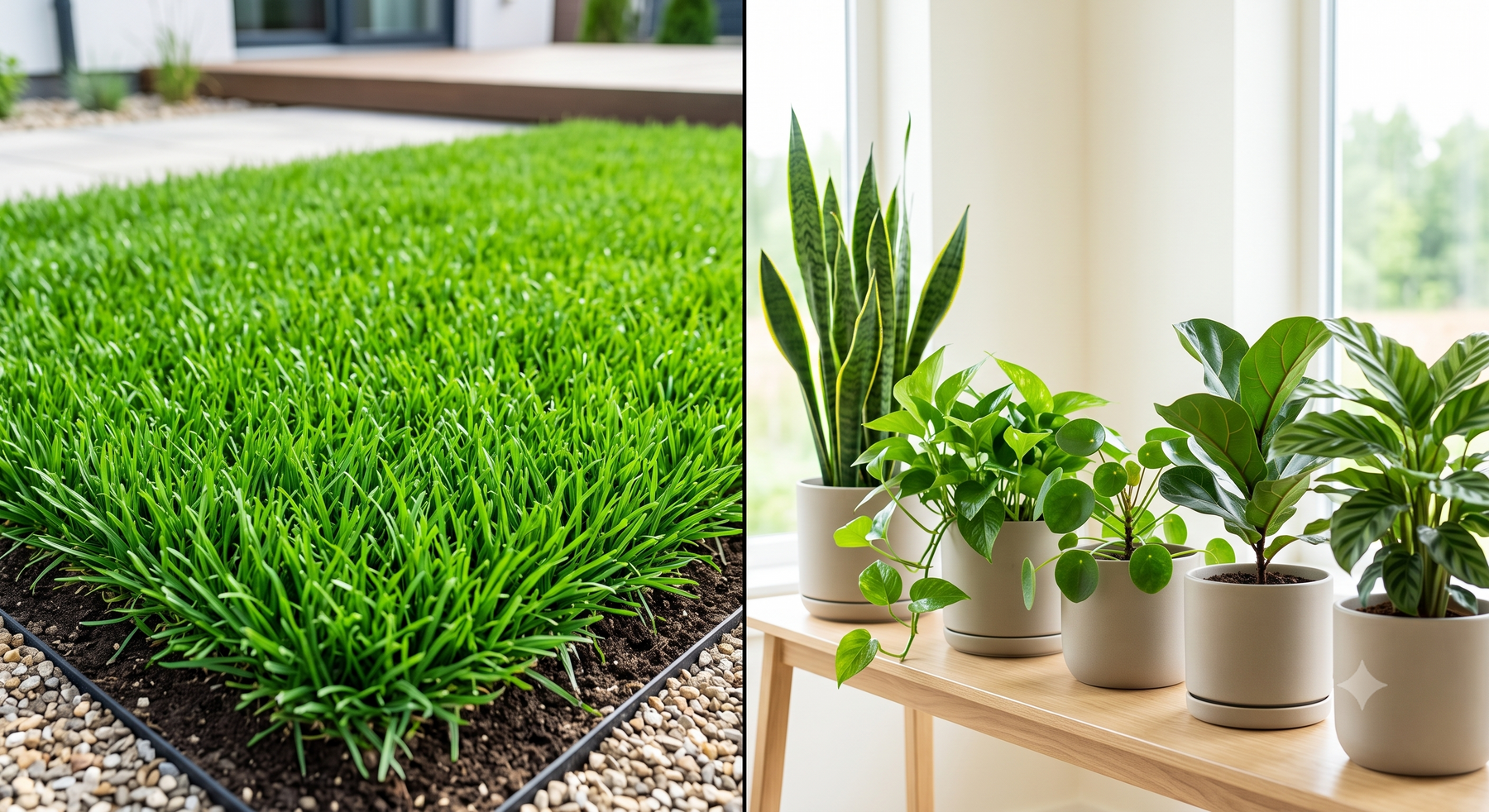Lawn and houseplants shown for organic fertilizer application guide
