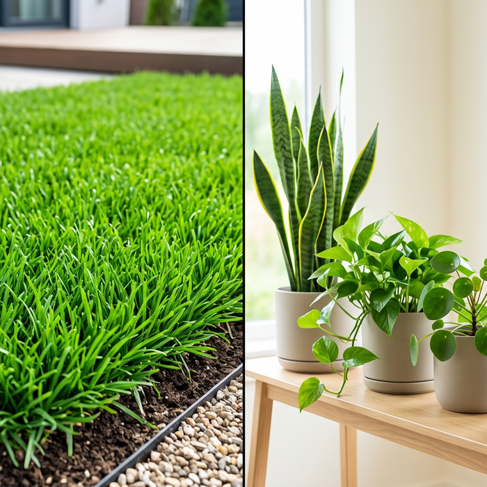 Lawn and houseplants shown for organic fertilizer application guide