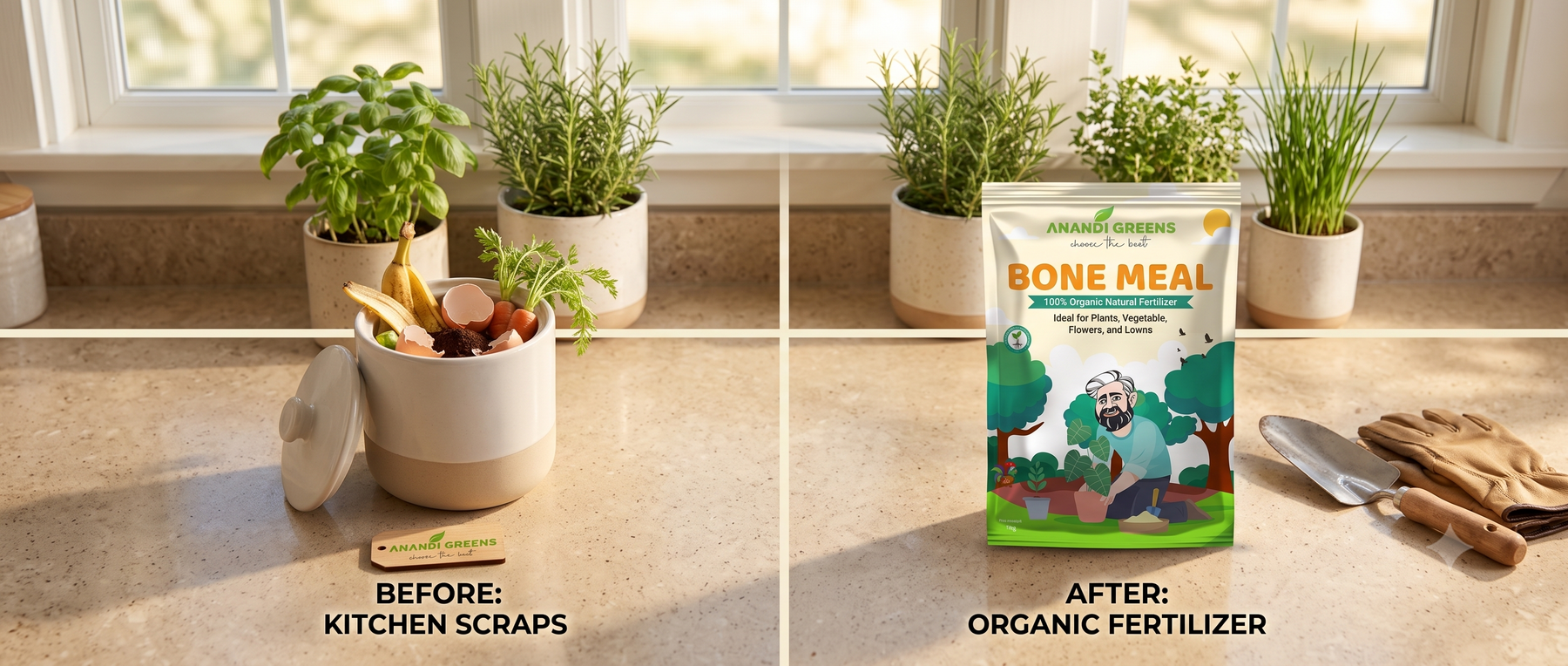 Homemade compost bin beside packaged organic fertilizer for comparison guide