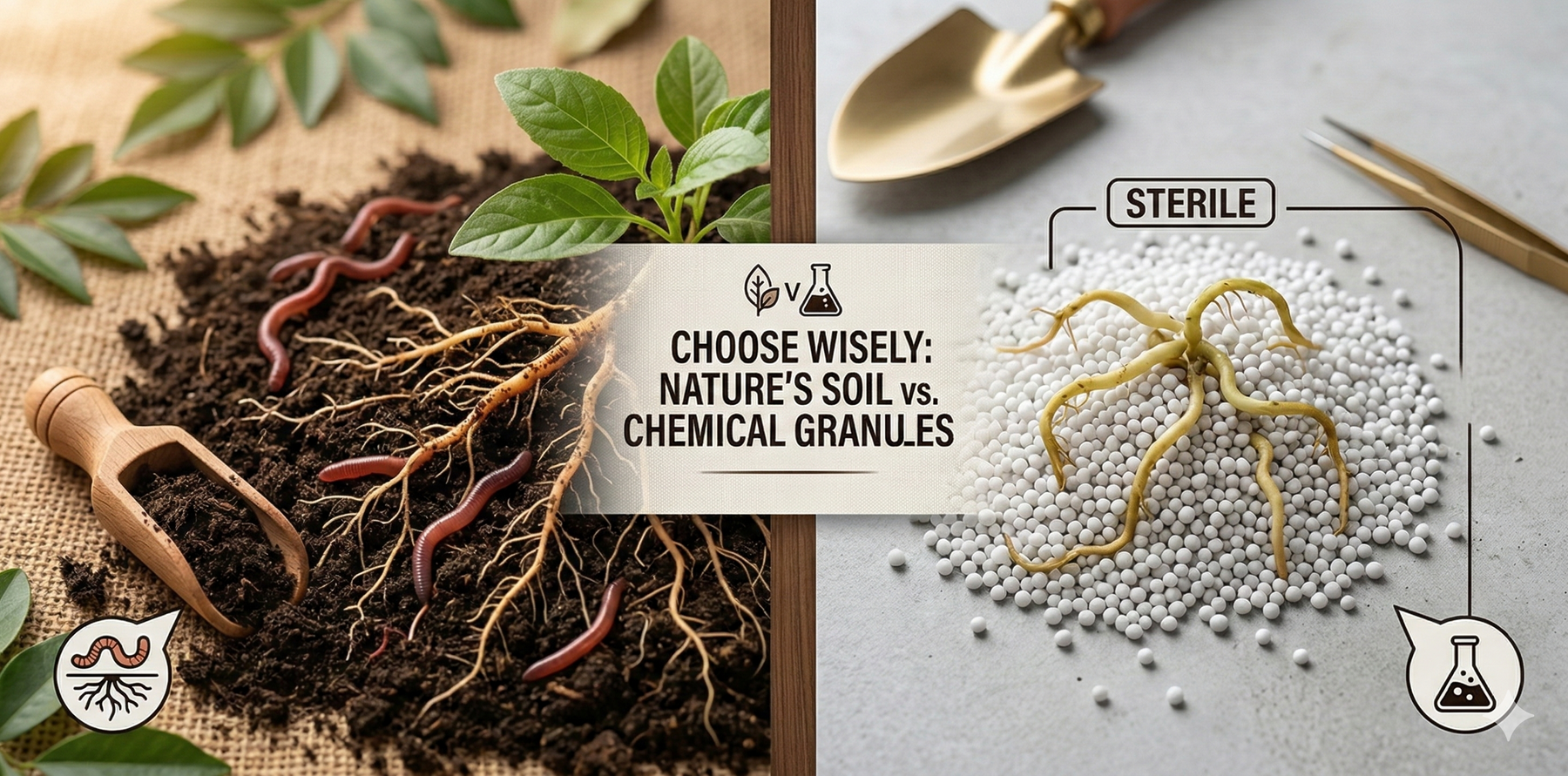 Split image comparing rich dark vermicompost with healthy plant roots on the left and harsh white chemical fertilizer granules with pale roots on the right – Vermicompost vs Chemical Fertilizer by Anandi Greens