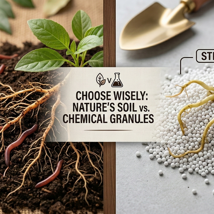 Split image comparing rich dark vermicompost with healthy plant roots on the left and harsh white chemical fertilizer granules with pale roots on the right – Vermicompost vs Chemical Fertilizer by Anandi Greens