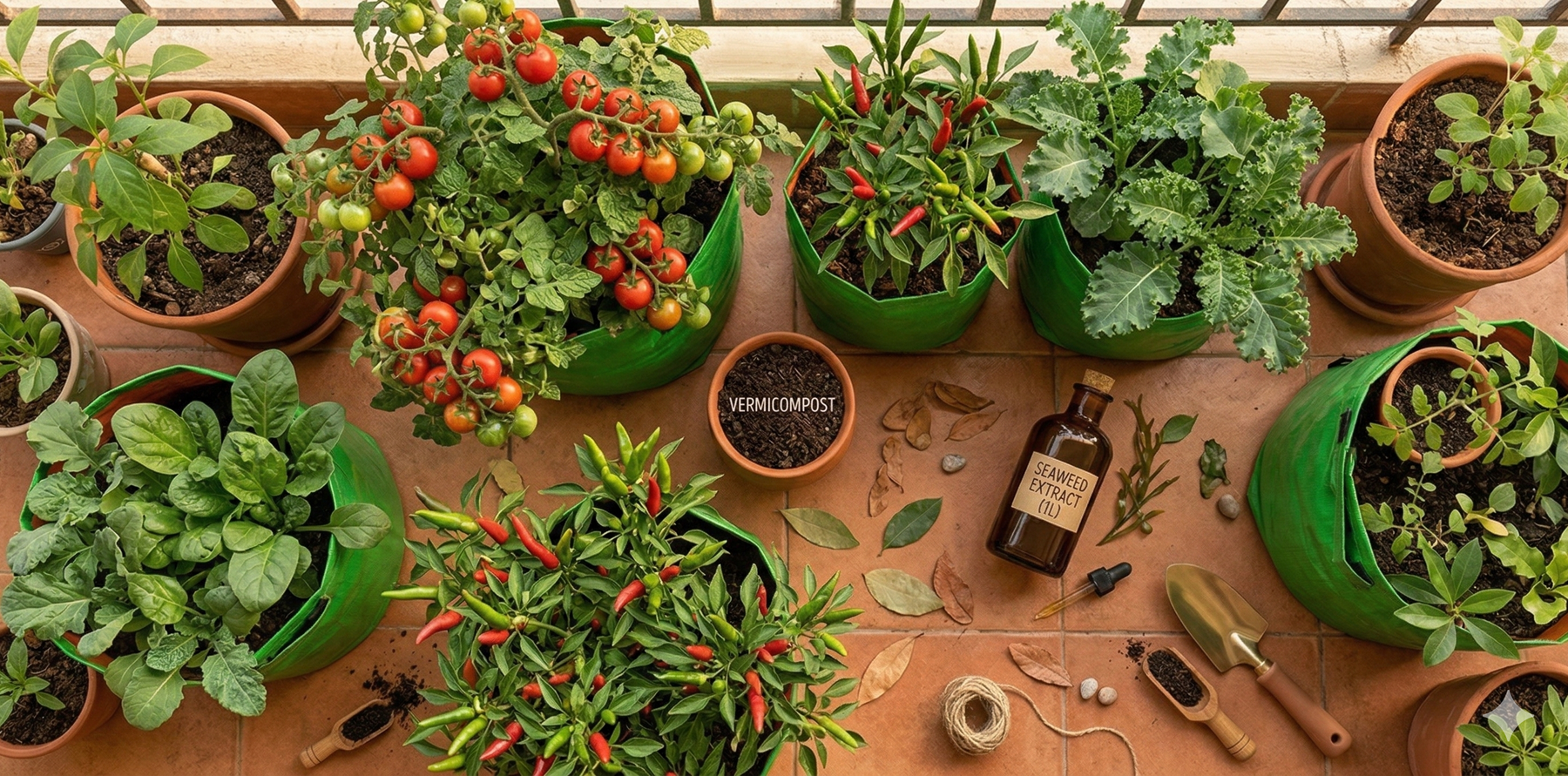 Overhead shot of a thriving grow bag vegetable garden with tomatoes, leafy greens, and chillies alongside vermicompost and liquid seaweed fertilizer – Best Organic Fertilizers for Vegetable Gardens in India by Anandi Greens