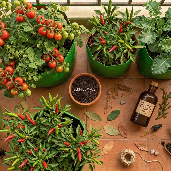 Overhead shot of a thriving grow bag vegetable garden with tomatoes, leafy greens, and chillies alongside vermicompost and liquid seaweed fertilizer – Best Organic Fertilizers for Vegetable Gardens in India by Anandi Greens