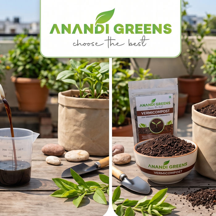 Liquid vs granular organic fertilizer for grow bags — Anandi Greens comparison guide for Indian terrace garden plants
