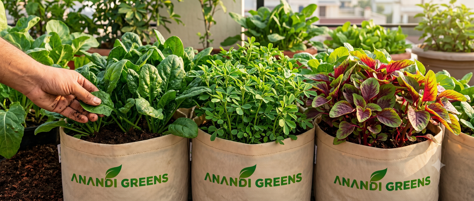 Organic fertilizer for leafy greens in grow bags — spinach, methi and amaranth growing on Indian terrace with Anandi Greens organic inputs