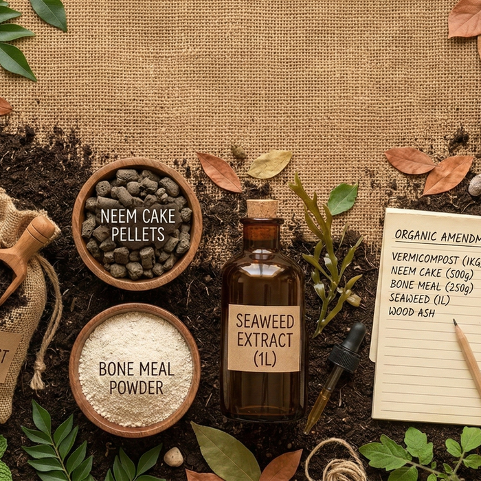 Earthy flat lay of organic fertilizers including vermicompost, neem cake, bone meal, and seaweed extract on dark soil framed by green plant leaves – Organic Fertilizer for Plants in India by Anandi Greens