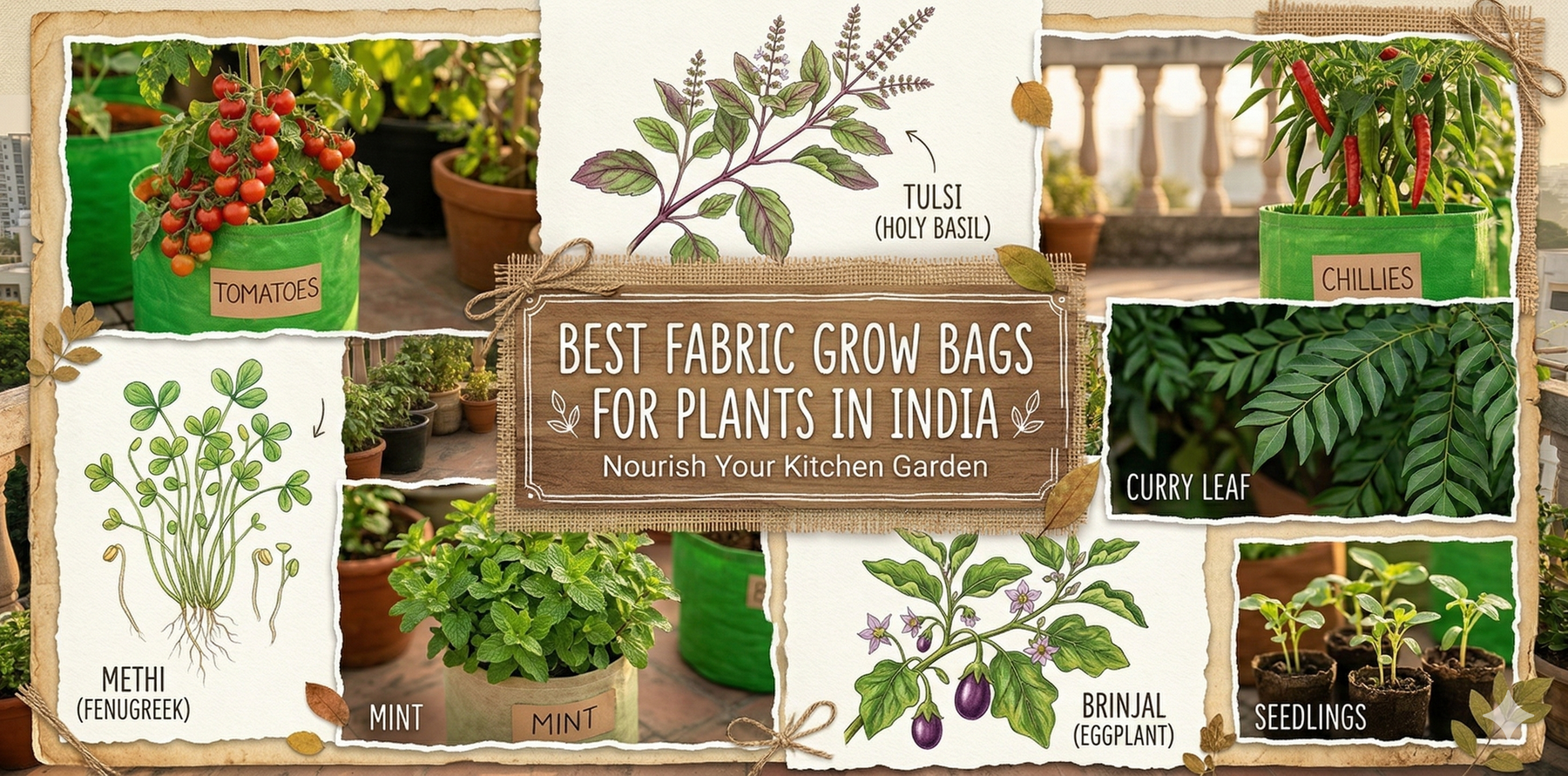 Vibrant collage of Indian terrace garden plants including tulsi, tomatoes, chillies, methi, curry leaf, and mint – 20 Best Plants for Terrace Garden in India by Anandi Greens