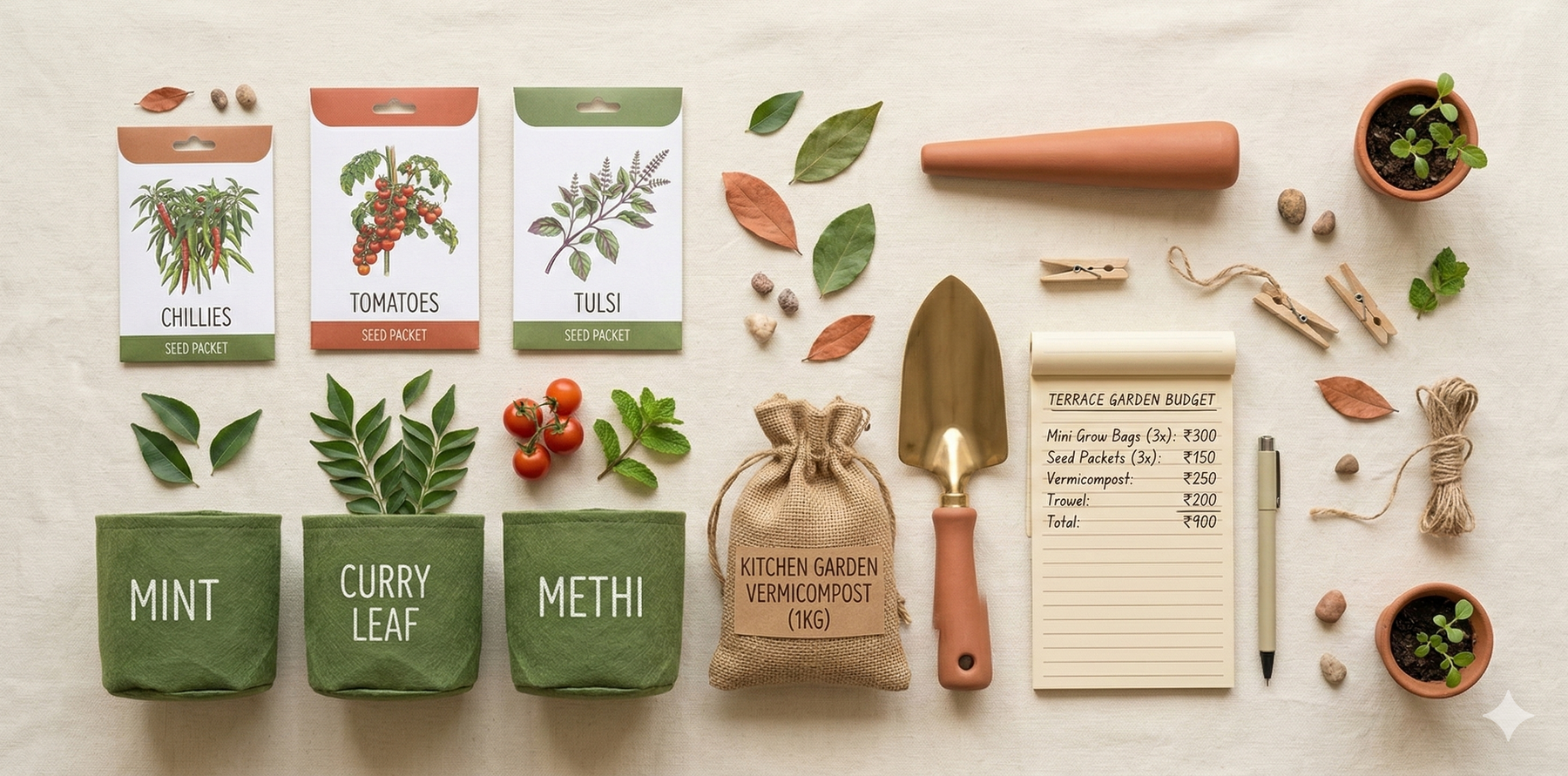 Flat lay of terrace garden supplies including fabric grow bags, seed packets, vermicompost, and a trowel with a budgeting notepad – Terrace Garden Setup Cost in India by Anandi Greens