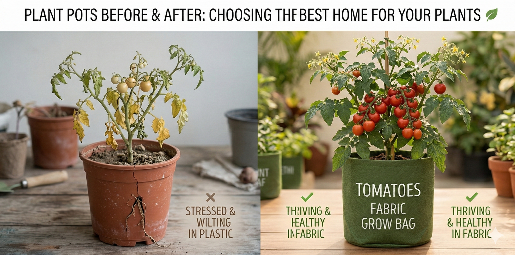 Before-and-after image showing a wilting yellowing plant in a plastic pot beside a healthy thriving plant in a fabric grow bag – Common Terrace Gardening Problems and Solutions by Anandi Greens