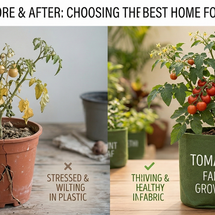 Before-and-after image showing a wilting yellowing plant in a plastic pot beside a healthy thriving plant in a fabric grow bag – Common Terrace Gardening Problems and Solutions by Anandi Greens