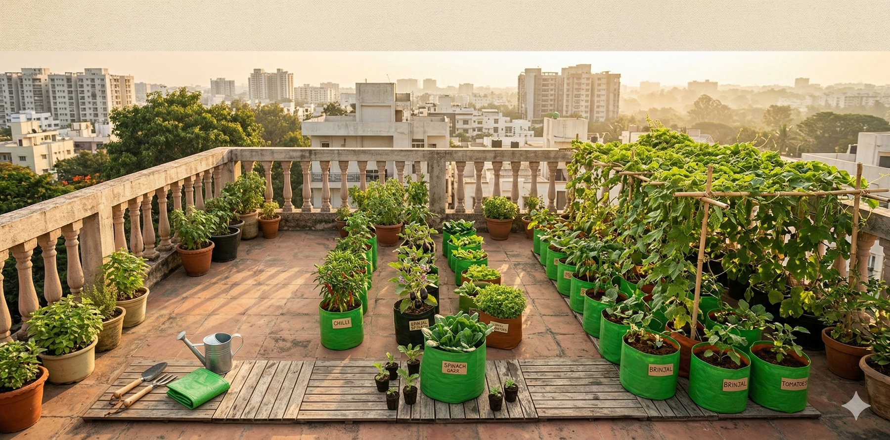 Wide-angle view of a lush Indian terrace garden with fabric grow bags, vegetable creepers on a trellis, and herbs in pots against a city skyline – Terrace Gardening Beginner's Guide by Anandi Greens