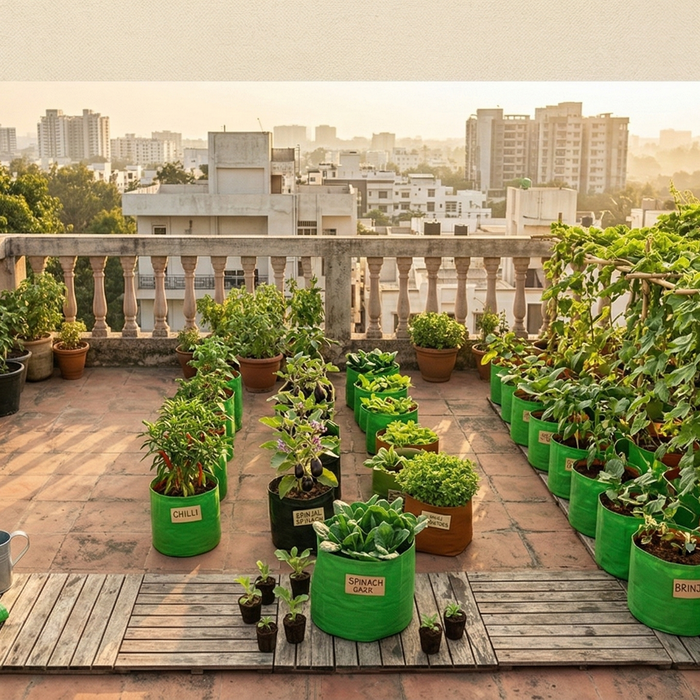 Wide-angle view of a lush Indian terrace garden with fabric grow bags, vegetable creepers on a trellis, and herbs in pots against a city skyline – Terrace Gardening Beginner's Guide by Anandi Greens