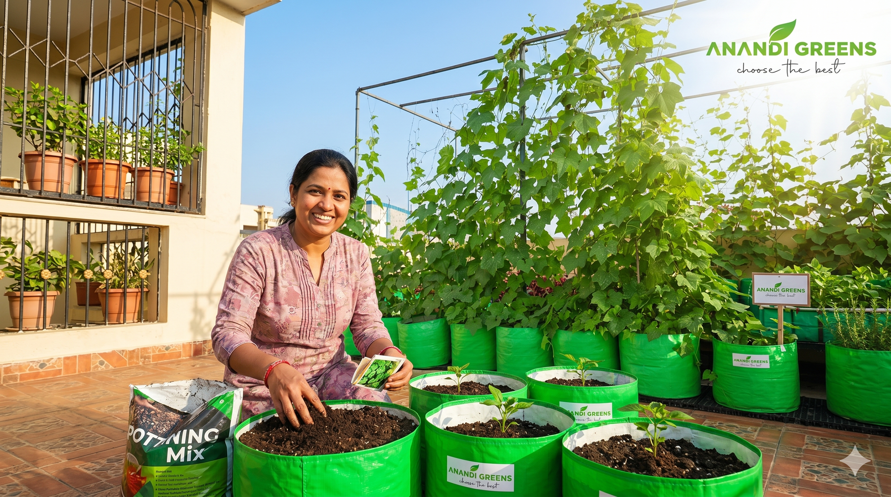 Beginner setting up first terrace garden in India with grow bags and seeds from Anandi Greens — rooftop gardening setup guide