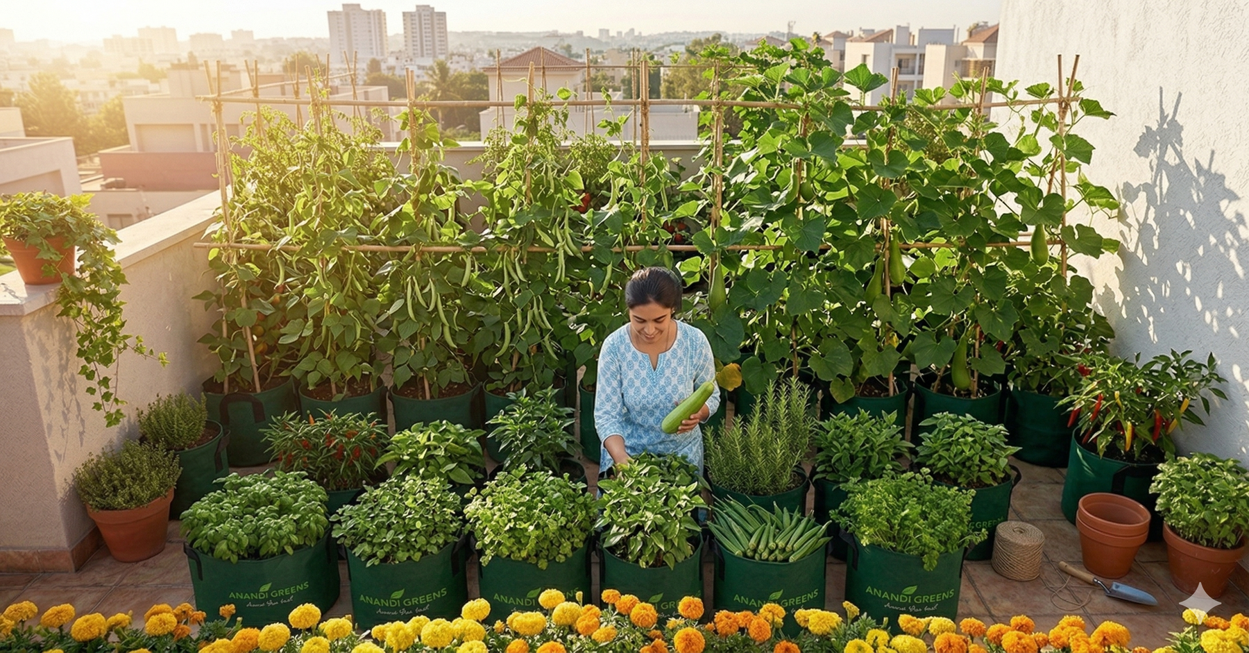 Vertical terrace garden in India with grow bags and trellis supporting climbing vegetables — space-saving terrace gardening ideas from Anandi Greens